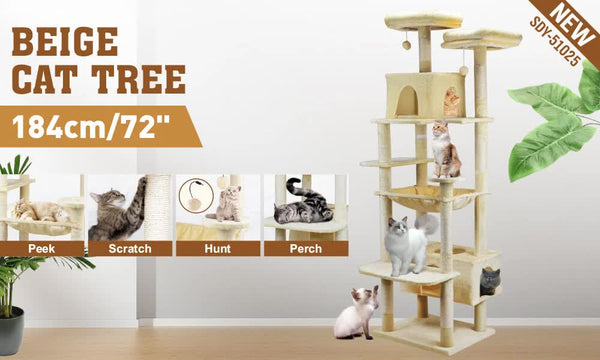VaKa 184cm Road Cat Tree Tower Scratching Post Scratcher Condo with Big Hammock