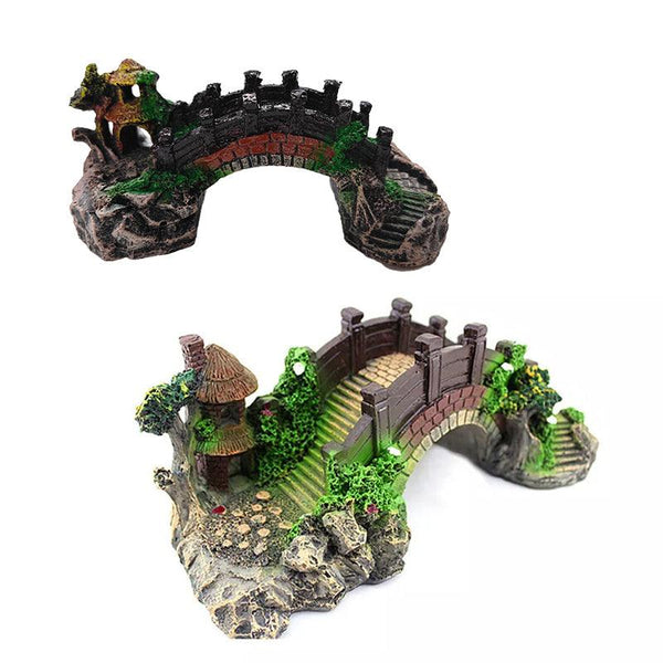 Aquarium Fish Tank Ornament Bridge Resin Rock Pavilion Tree Landscape Decoration - L:19*7*8.5CM