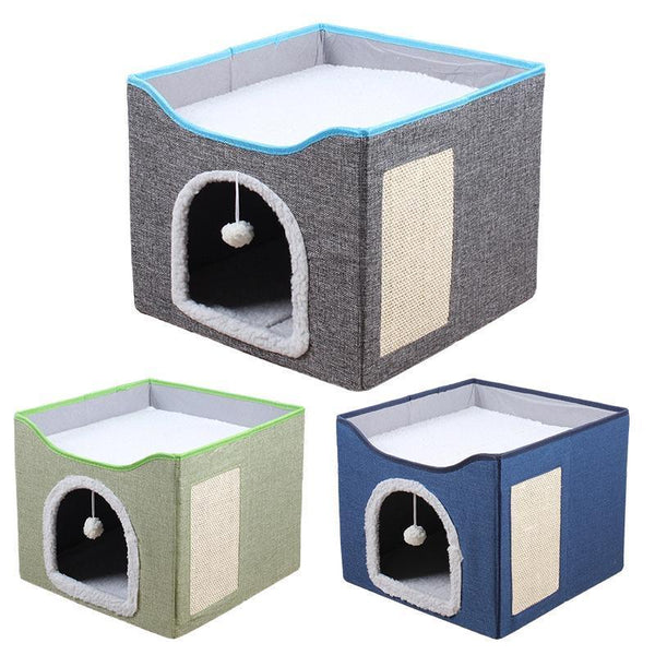 Foldable Pet Cat Calming Bed Hideaway Interactive House Nest Scratching Board - Navy