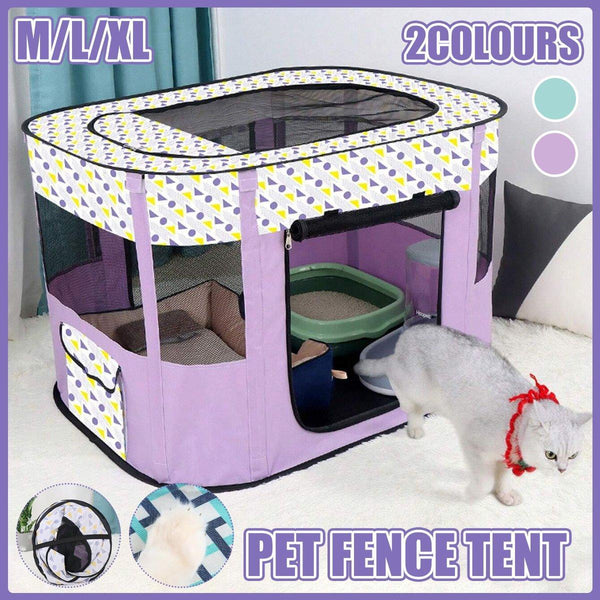 Foldable Cat Dog Kennel Pet Delivery Cage Portable Pet Fence Tent - Cyan-M