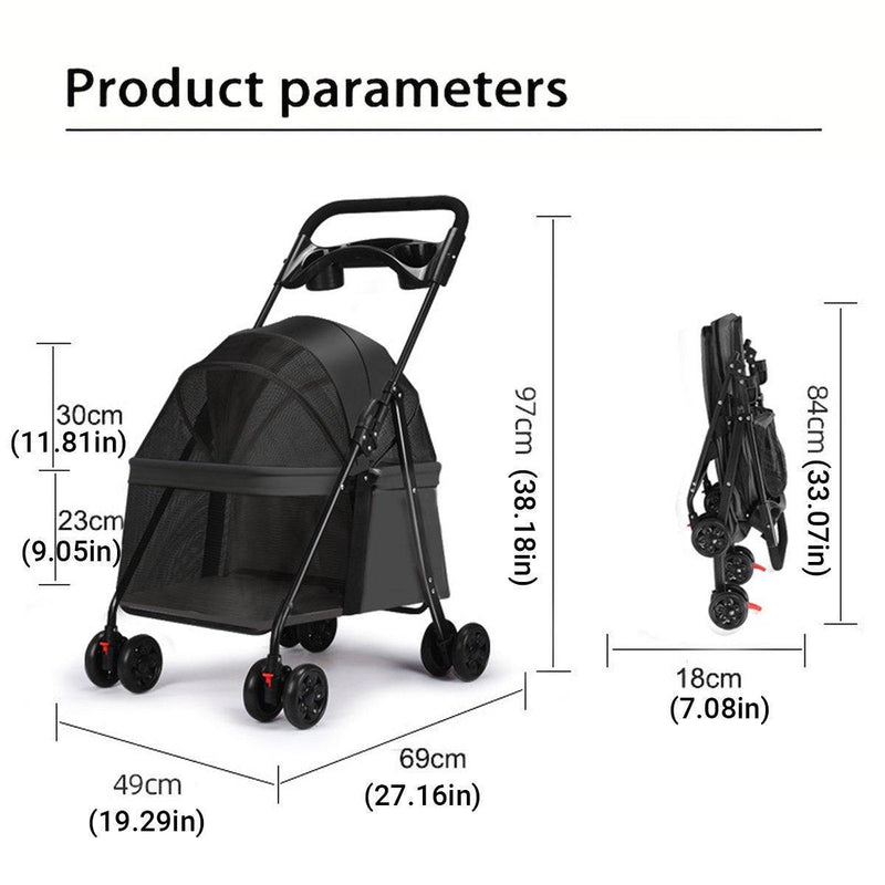 Lightweight Pet Stroller for Cats and Small Dogs Easy Fold Portable Travel Use - Black
