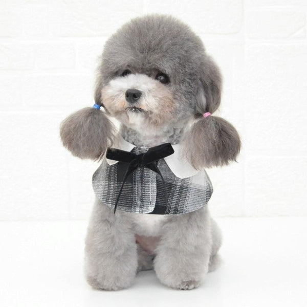 Dog Shawl Small Cloak Pet Bow Ttie Saliva Towel Pet Accessories - Size M - Navy Blue Grid