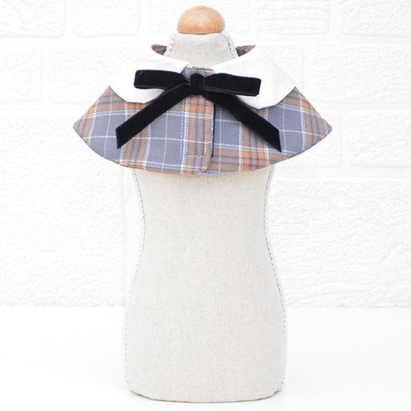 Dog Shawl Small Cloak Pet Bow Ttie Saliva Towel Pet Accessories - Size L - Navy Blue Grid