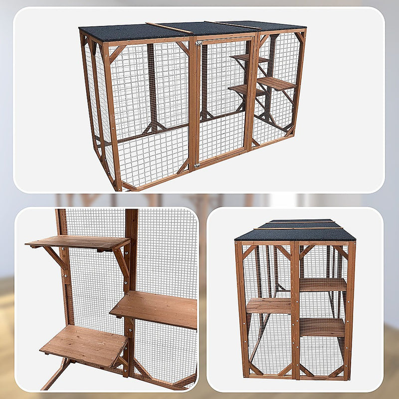 180cm Large Cat Enclosure Wooden Outdoor Cage with 3 Platforms