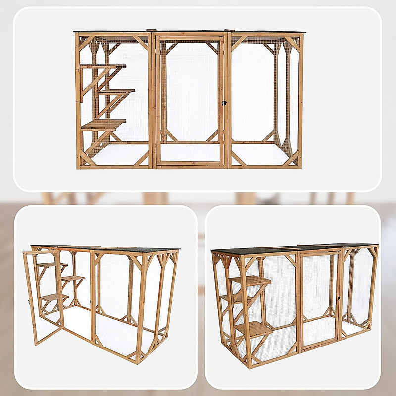 180cm Large Cat Enclosure Wooden Outdoor Cage with 3 Platforms