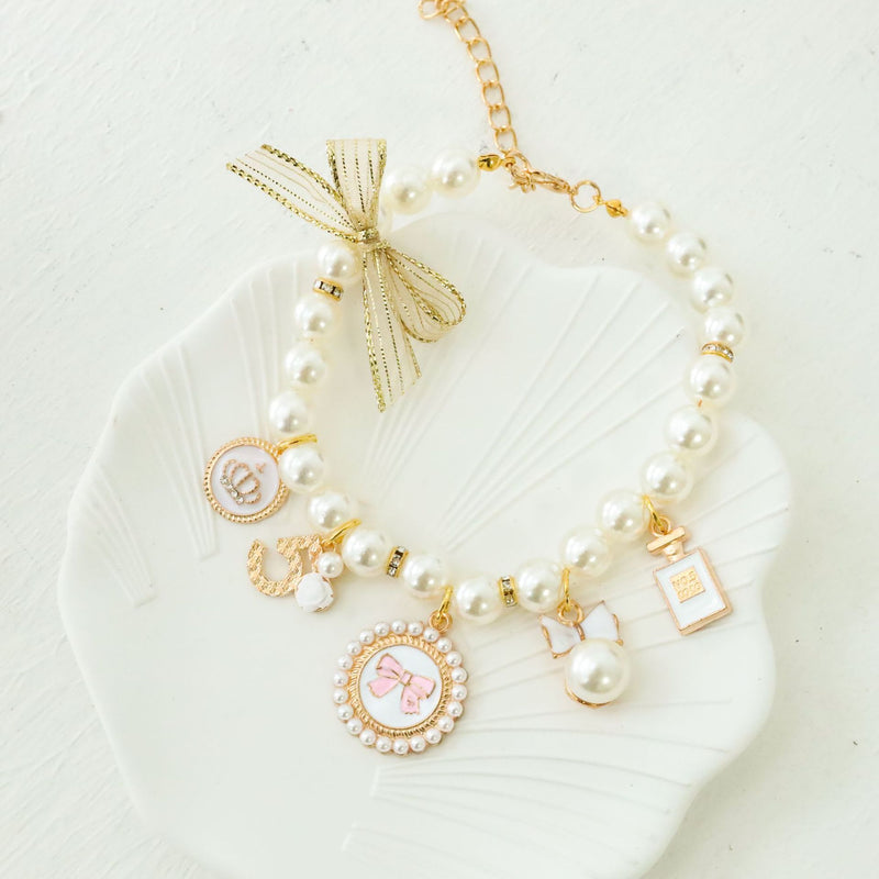 White 4-PCS Pearl Charm Pet Necklace - Adjustable Bowknot Collar for Small Dogs & Cats (S: 20+5CM)