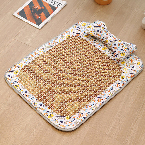 Size S Style 2 Colorful Pet Cooling Mat for Dogs and Cats - Summer Breathable Woven Rattan Bed with Sponge Cushion, Durable and Chew-Resistant