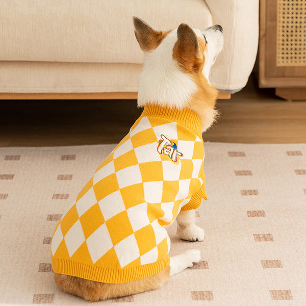 Classic Argyle Dog Sweater - Yellow & White Knit for Corgis & Medium Breeds (Size : M)