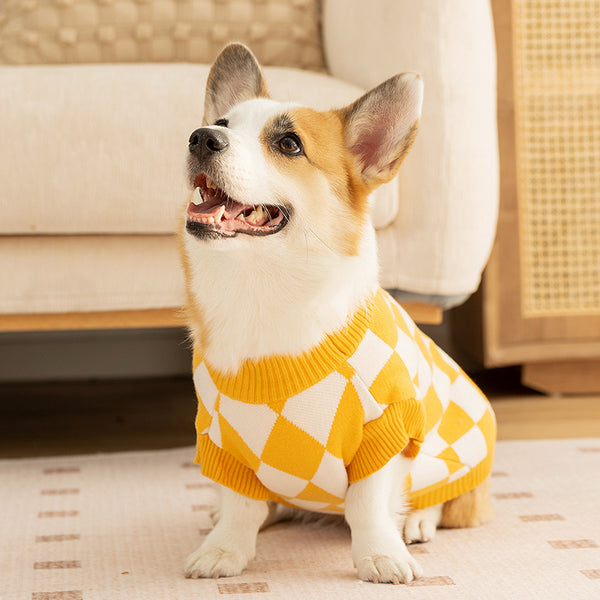 Classic Argyle Dog Sweater - Yellow & White Knit for Corgis & Medium Breeds (Size : L)