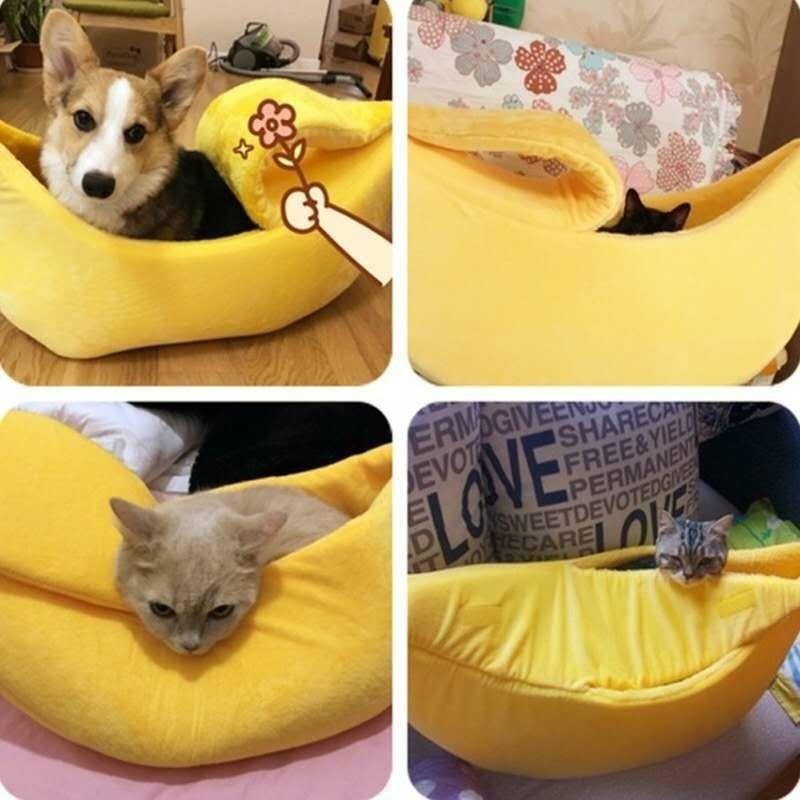 Yellow Cozy Banana Peel Pet Bed - Plush & Warm Cave House for Cats & Small Dogs (Large)