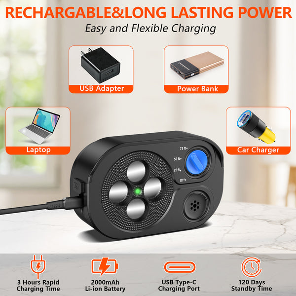 Black Advanced Ultrasonic Dog Bark Control - Dual Emitters, Variable Frequency, IP65 Waterproof, 75ft Range, Rechargeable