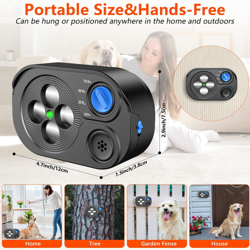 Black Advanced Ultrasonic Dog Bark Control - Dual Emitters, Variable Frequency, IP65 Waterproof, 75ft Range, Rechargeable