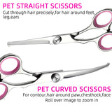 Pink and Silver Complete 5-Piece Pet Grooming Scissors Kit - Stainless Steel Straight, Curved & Thinning Shears with Comb & PU Case (6.0 Inch)