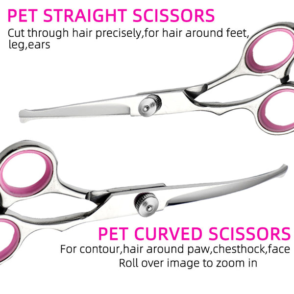 Pink and Silver Complete 5-Piece Pet Grooming Scissors Kit - Stainless Steel Straight, Curved & Thinning Shears with Comb & PU Case (6.0 Inch)
