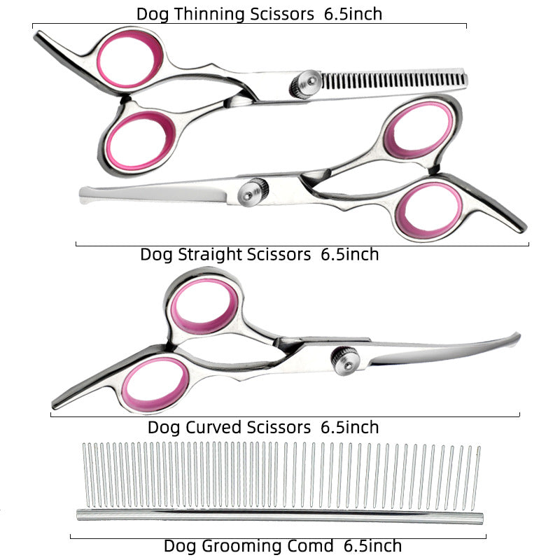 Pink and Silver Complete 5-Piece Pet Grooming Scissors Kit - Stainless Steel Straight, Curved & Thinning Shears with Comb & PU Case (6.0 Inch)