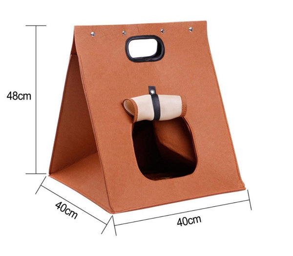 Brown Cozy A-Frame Felt Pet Teepee - Foldable & Portable Cat Cave Bed with Easy Carry Handle